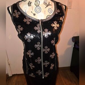 Black Sequin Zip-Up Top with Silver Crosses